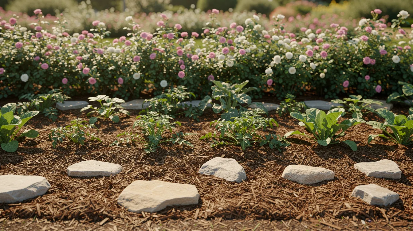 Das Bild zeigt ein Gemüsebeet, das mit Rindenmulch bedeckt ist und von locker verteilten Steinen umgeben wird. Am Rand des Beetes wächst eine niedrige Rosenhecke, die dem Garten einen schönen Rahmen verleiht und möglicherweise auch dazu dient, fremde Katzen aus dem Garten zu vertreiben.