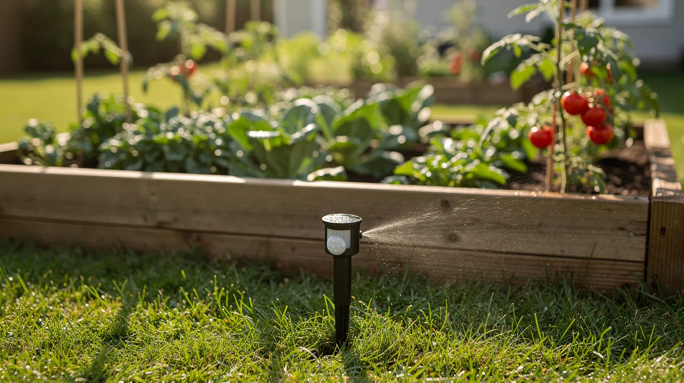 Ein kleiner Bewegungsmelder-Wassersprinkler steht auf einem grünen Rasen vor einem Gemüsebeet, um unerwünschte Katzen aus dem Garten zu vertreiben. Der Sprinkler spritzt Wasser, um die Nachbarskatze fernzuhalten und Schäden an den Pflanzen zu verhindern.