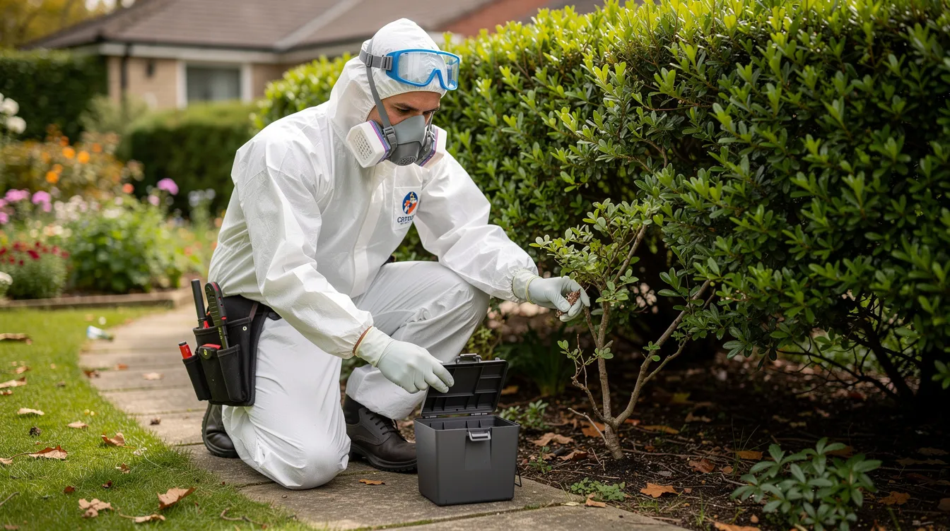 Ein professioneller Schädlingsbekämpfer in Schutzkleidung kniet neben einer Gartenhecke und untersucht die Umgebung auf Anzeichen von Rattenbefall. Er hat eine Köderbox dabei, um gezielte Maßnahmen zur Rattenbekämpfung im Garten zu ergreifen und mögliche Futterquellen zu identifizieren.