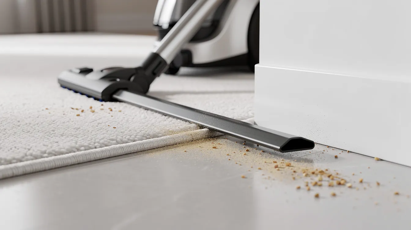 Ein Staubsauger mit Fugendüse wird an einer Fußleiste entlang eines Teppichrands eingesetzt, um Schädlinge wie Teppichkäfer und deren Larven zu bekämpfen. Diese Maßnahme hilft, Schäden an Textilien und Teppichen in der Wohnung zu verhindern.