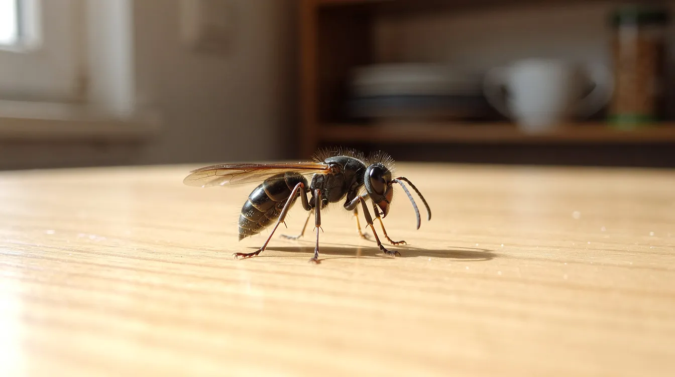 Eine winzige Schlupfwespe sitzt auf einer hellen Holzoberfläche, während im unscharfen Hintergrund Küchenregale zu sehen sind. Diese Insekten können eine Rolle bei der Bekämpfung von Schädlingen wie dem gemeinen Speckkäfer spielen, der in Haushalten Schäden an Lebensmitteln und Textilien verursachen kann.