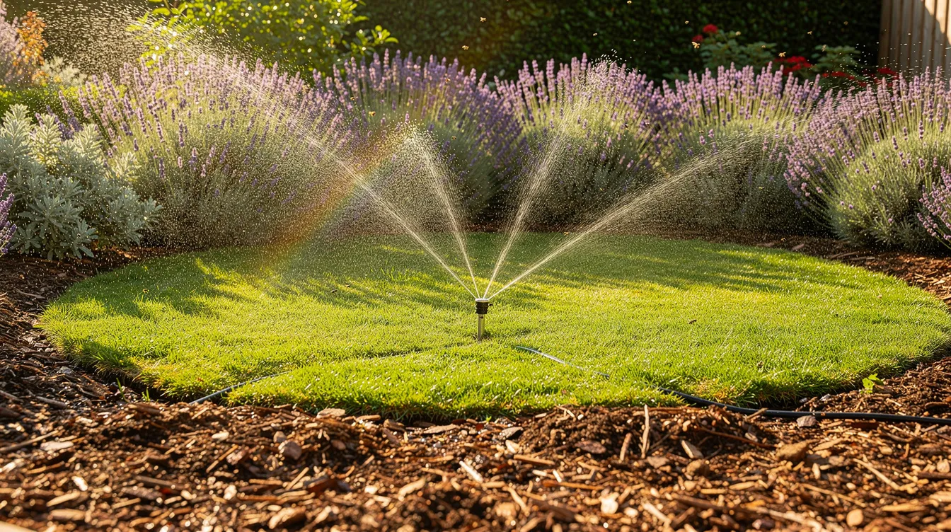Ein sonniger Garten mit einer duftenden Lavendelhecke, gepflegten Rindenmulch-Beeten und einem spritzenden Wassersprenger auf einer saftigen grünen Rasenfläche. Diese idyllische Szene bietet einen perfekten Rückzugsort für Gartenbesitzer, die auch Tipps zur Katzenabwehr suchen, um fremde Katzen aus dem Garten zu vertreiben.