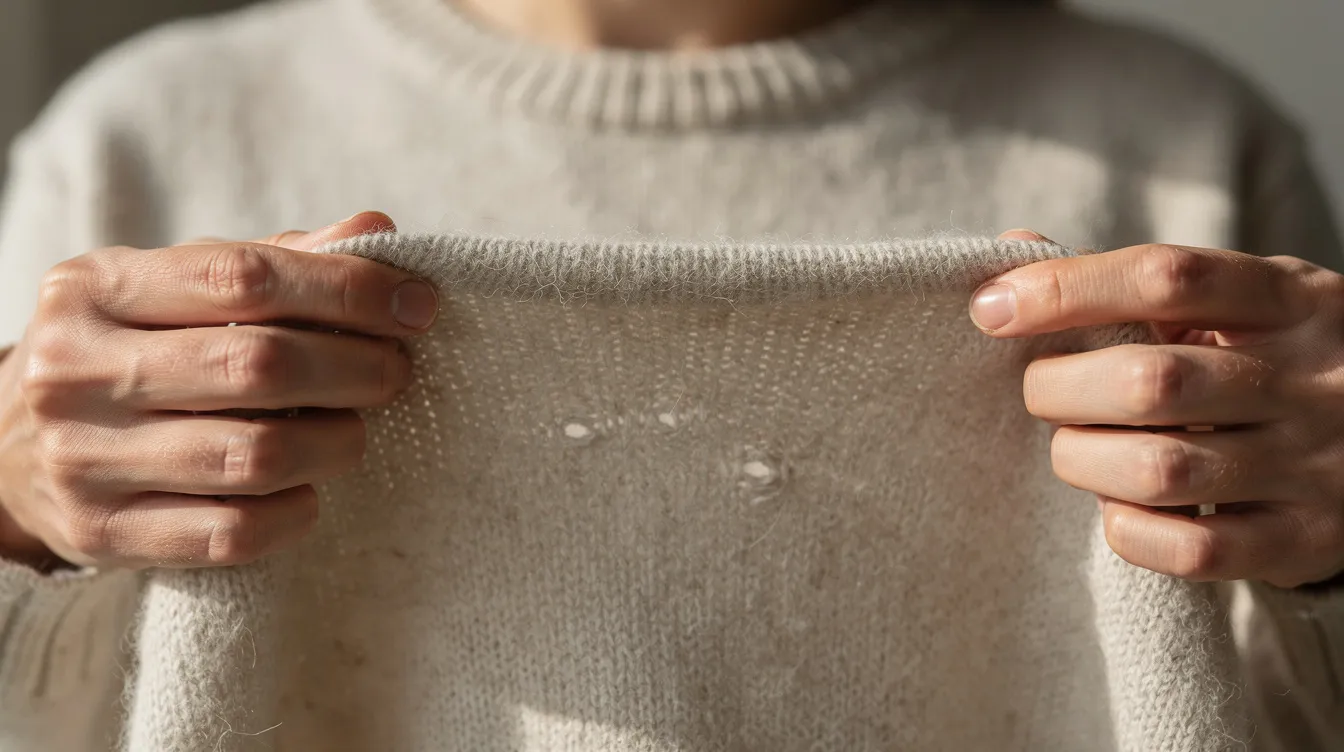 Zwei Hände halten einen hellen Wollpullover hoch, während sie ihn sorgfältig auf kleine Löcher untersuchen, die durch Kleidermotten verursacht worden sein könnten. Diese Kontrolle ist wichtig, um einen möglichen Mottenbefall in der Wohnung rechtzeitig zu erkennen und zu bekämpfen.