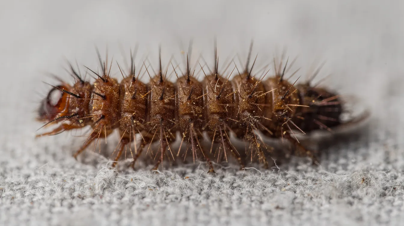 Die Makroaufnahme zeigt eine behaarte, braune Insektenlarve, die auf einem Stück Stoff sitzt. Diese Larve gehört wahrscheinlich zu den gemeinen Speckkäfern (Dermestes lardarius) und weist sichtbare Borsten auf, die auf ihren Körperbau hinweisen, was auf mögliche Fraßschäden an Textilien und Lebensmitteln schließen lässt.