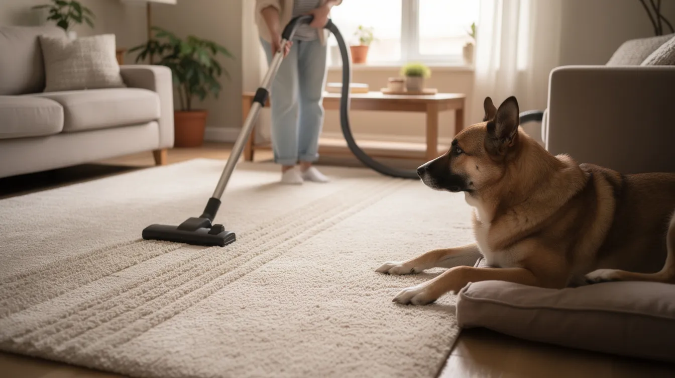 Eine Person saugt gründlich einen Teppich in einem Wohnzimmer, während ein Hund entspannt auf seinem Kissen liegt. Diese Reinigung ist wichtig, um Flöhe und andere Parasiten in der Wohnung zu bekämpfen und das Zuhause für Mensch und Tier hygienisch zu halten.