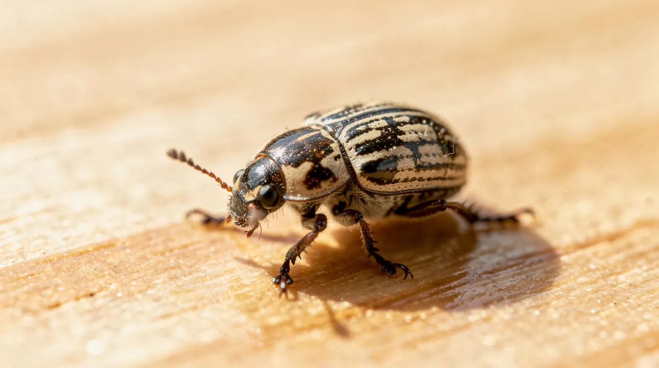 Eine Nahaufnahme zeigt einen kleinen, ovalen Käfer mit einem hell-dunkel gemusterten Rückenpanzer, der auf einer hellen Holzoberfläche sitzt. Dieser Käfer könnte ein gemeiner Speckkäfer (Dermestes lardarius) sein, ein Materialschädling, der in Haushalten und Lagerräumen Schäden an Lebensmitteln und Textilien verursachen kann.