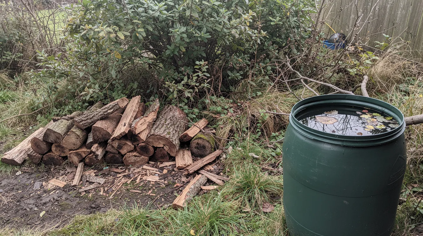 Der unaufgeräumte Gartenbereich zeigt einen Holzstapel direkt auf dem Boden, umgeben von dichtem Gestrüpp und einer offenen Regentonne, was potenzielle Versteckmöglichkeiten für Ratten im Garten bietet. Solche Bedingungen können zu einem Rattenbefall führen und sollten aus hygienischen Gründen dringend beseitigt werden.