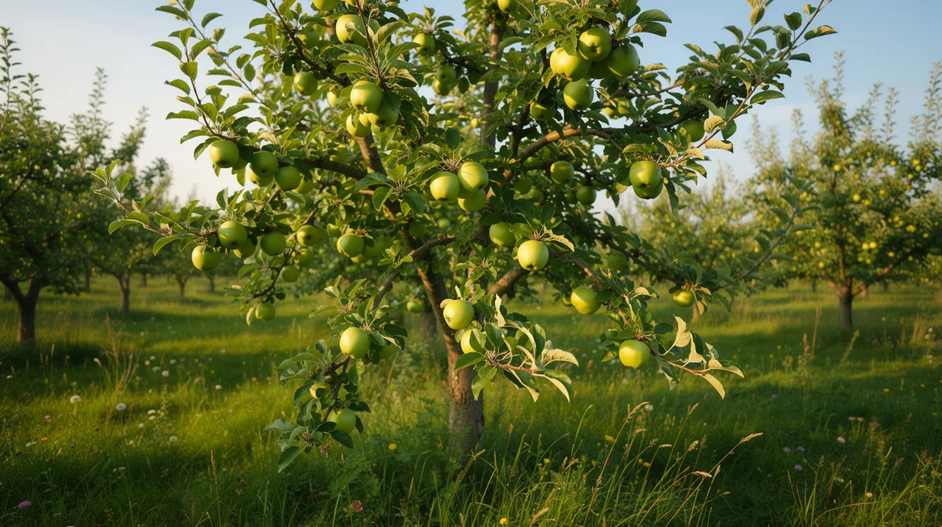 Ein Apfelbaum in einem Obstgarten im Frühsommer trägt unreife grüne Äpfel an seinen Ästen. Die Äpfel sind noch klein und zeigen den Zustand der Früchte, während der Garten auf die bevorstehende Ernte vorbereitet ist.