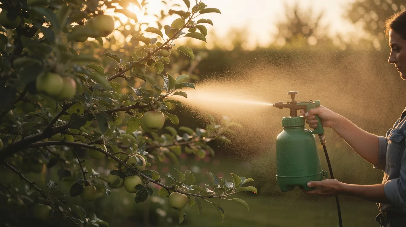 Eine Person sprüht mit einer Handspritze einen Apfelbaum ein, um Schädlinge wie den Apfelwickler (Cydia pomonella) zu bekämpfen. Im Hintergrund ist das weiche Abendlicht sichtbar, das eine ruhige Atmosphäre im Garten schafft.