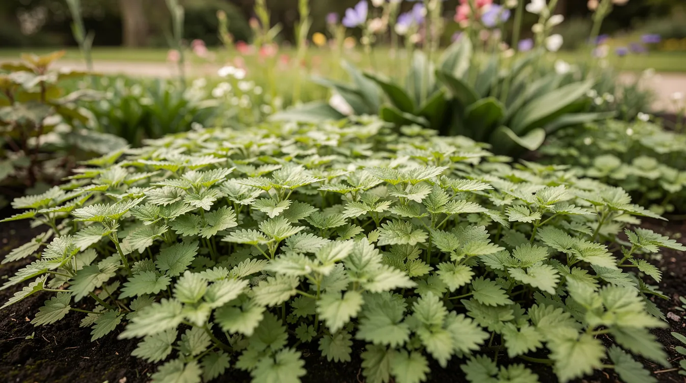 Ein dichter Teppich aus hellgrünen Gierschblättern bedeckt die Erde zwischen verschiedenen Staudenpflanzen in einem Gartenbeet. Diese Wurzelunkräuter, bekannt als Aegopodium podagraria, stellen eine Herausforderung für Gärtner dar, da sie sich schnell ausbreiten und die Konkurrenz um Nährstoffe im Boden erhöhen.