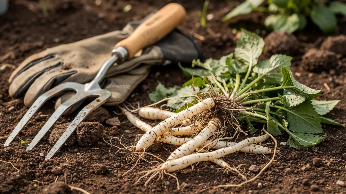 Auf der braunen Gartenerde liegt ein Haufen herausgezogener weißer Giersch-Rhizome, umgeben von Gartenhandschuhen und einer Grabegabel. Diese Szene zeigt die Bekämpfung von Giersch, einem problematischen Wurzelunkraut, das oft in Staudenbeeten vorkommt.