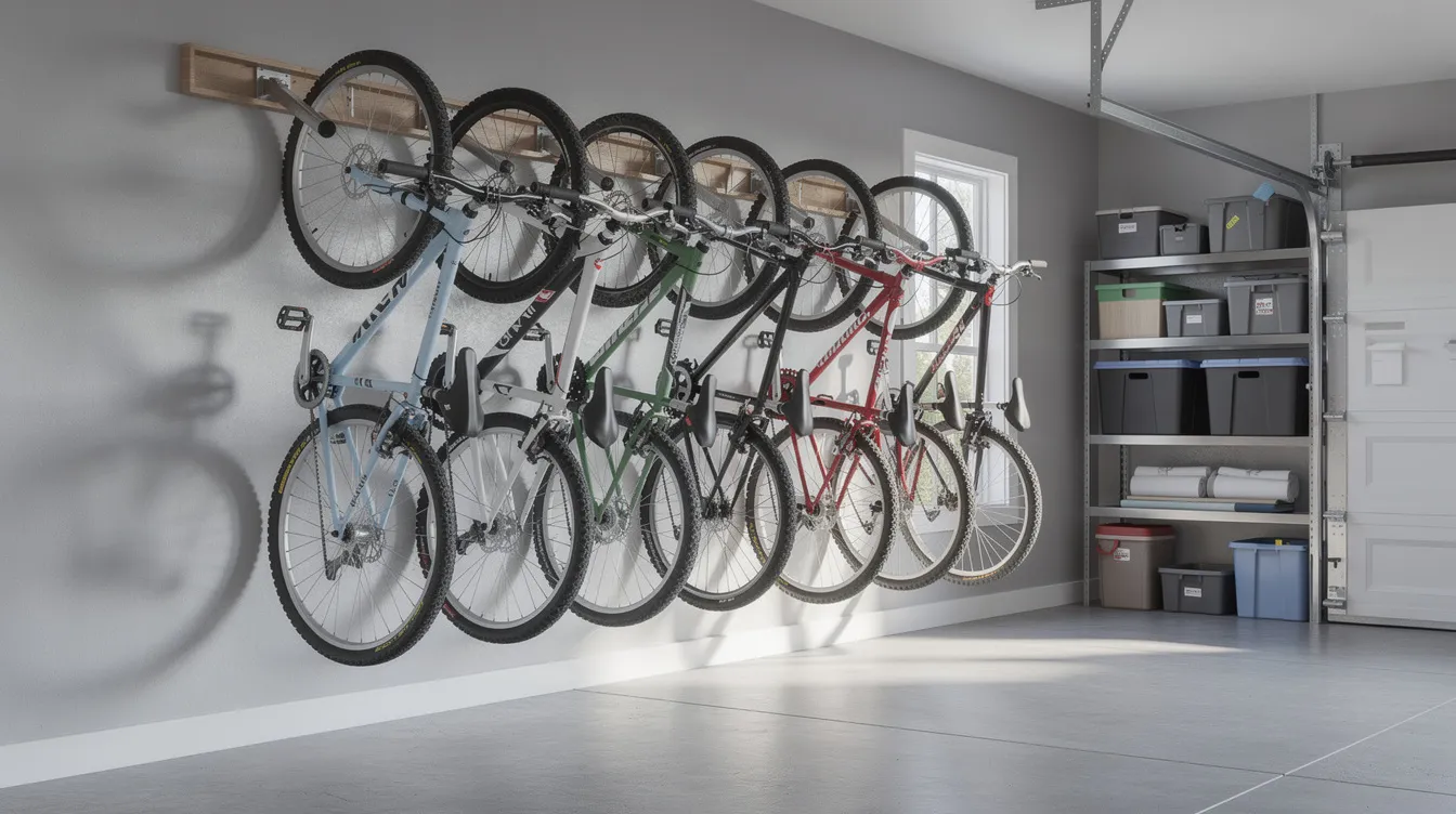 In einer aufgeräumten Garage sind mehrere Fahrräder vertikal an einer Wandhalterung aufgehängt, die ordentlich nebeneinander angeordnet sind. Die Fahrradaufhängungen bieten Platz für verschiedene Modelle wie Mountainbikes und E-Bikes und sorgen so für Ordnung in den Räumlichkeiten.