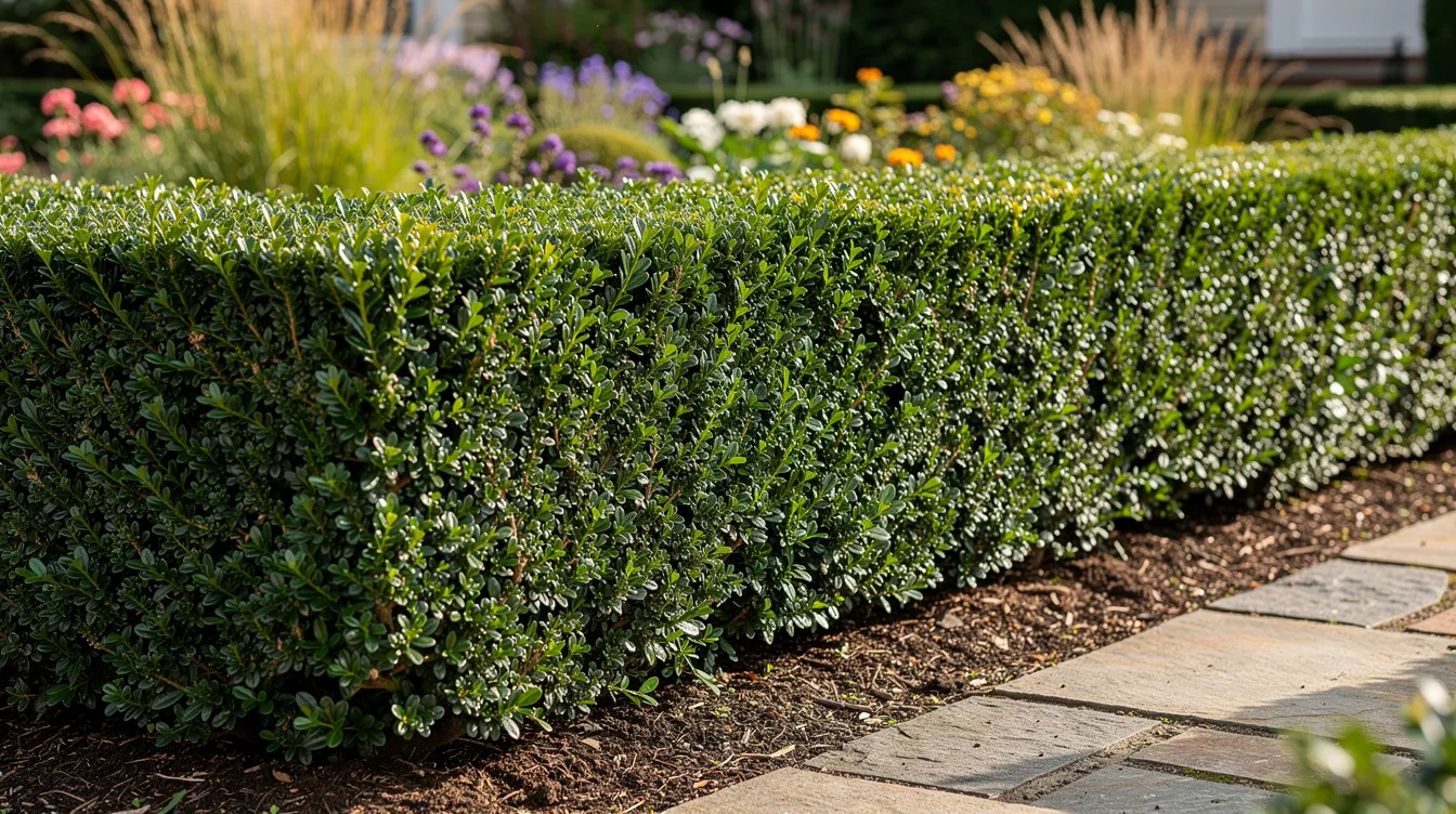 Die Abbildung zeigt eine gepflegte Ilex-crenata-Hecke, die als attraktive Buchsbaum-Alternative in einem Garten dient. Diese Hecke bietet Schutz vor Schädlingen wie dem Buchsbaumzünsler und ist eine beliebte Wahl für Gärtner, die auf der Suche nach robusten Pflanzen sind.
