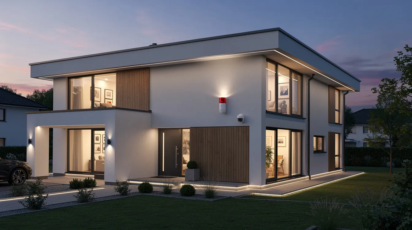 Das Bild zeigt ein modernes Einfamilienhaus in der Dämmerung, an dessen Fassade eine auffällige Außensirene und ein Bewegungsmelder installiert sind, die Teil einer Alarmanlage fürs Haus sind. Diese Sicherheitsmerkmale bieten Schutz vor Einbrüchen und erhöhen die Sicherheit für die Bewohner.