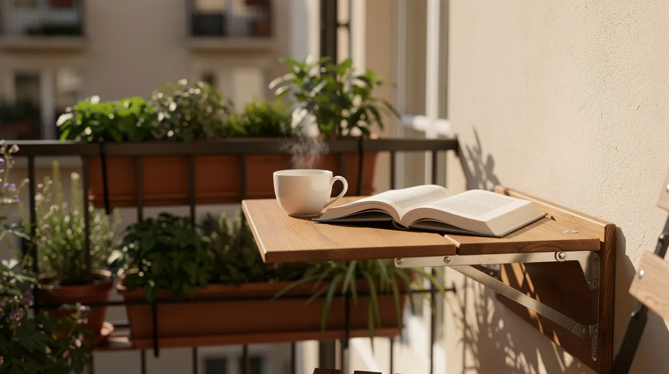 Auf einem kleinen Balkon steht ein herunterklappbarer Wandtisch aus Holz, der mit einer Kaffeetasse und einem Buch dekoriert ist. Im Hintergrund sind verschiedene Balkonpflanzen sichtbar, die dem Ort eine grüne Note verleihen.
