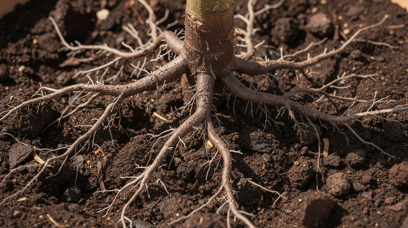 Die Abbildung zeigt Gartenerde mit freigelegten, tief verzweigten Pflanzenwurzeln, die in verschiedene Richtungen wachsen. Diese Wurzeln gehören zu einer Kletterpflanze, möglicherweise einer Ackerwinde, und verdeutlichen die Ausbreitung des Wurzelsystems im Boden.