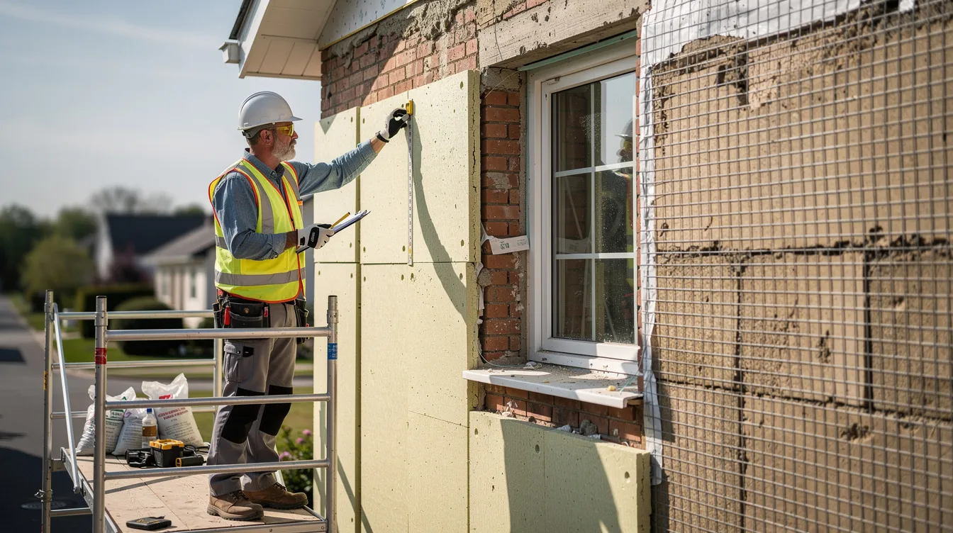Ein Handwerker prüft die Dämmung einer Hausfassade von außen, um die Energieeffizienzklasse des Gebäudes zu bewerten. Die Inspektion ist entscheidend für die Einhaltung der Energieeinsparverordnung und zur Reduzierung des Energieverbrauchs pro Quadratmeter.