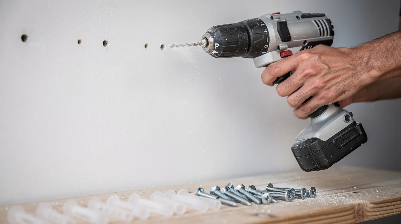 Nahaufnahme von Händen, die mit einer Bohrmaschine Löcher in eine weiße Wand bohren, während daneben Dübel und Schrauben auf einer Werkbank liegen. Die Szene zeigt die Vorbereitung für eine Wandmontage, möglicherweise für einen Wandklapptisch oder ein anderes Möbelstück.