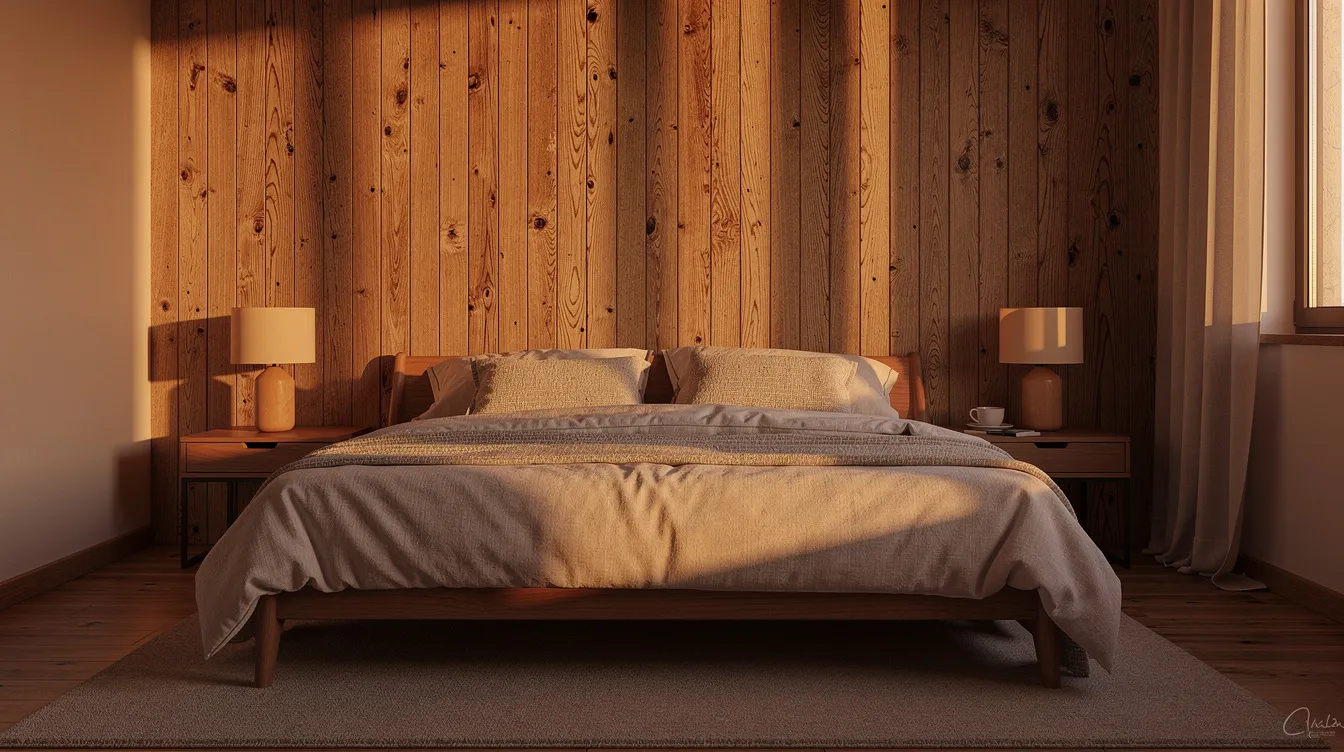 Das Bild zeigt ein gemütliches Schlafzimmer mit Holzpaneelen, die als Kopfteilwand hinter einem Bett dienen. Das warme Abendlicht schafft eine behagliche Atmosphäre und hebt die natürliche Maserung der Holzpaneele hervor.