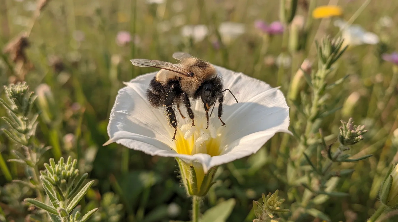 Eine Hummel sitzt auf einer geöffneten Blüte der Ackerwinde in einer Wiese, umgeben von verschiedenen Wildkräutern. Die Pflanze gehört zur Familie der Windengewächse und ihre Blüten ziehen Insekten an, während die Wurzeln in der Erde nach Nährstoffen suchen.