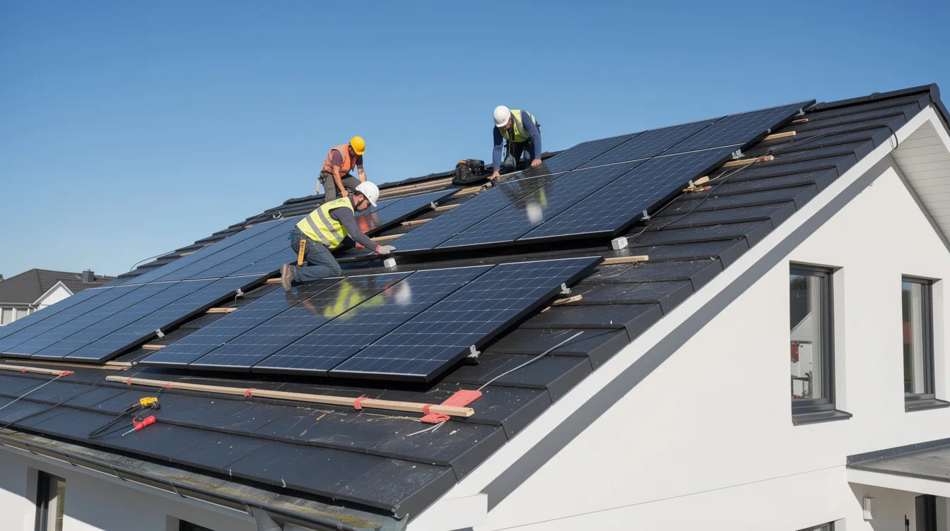 Auf dem Bild sind Arbeiter zu sehen, die Solarpanels auf einem Hausdach installieren, um die Energieeffizienzklasse des Gebäudes zu verbessern. Diese Maßnahme trägt zur Reduzierung des Energieverbrauchs und der Energiekosten bei und unterstützt die Einhaltung der Energieeinsparverordnung.