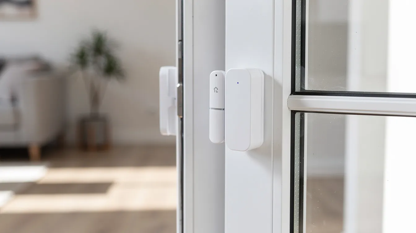 Eine Nahaufnahme von kabellosen Alarmsensoren, die an einem Fensterrahmen in einem modernen Wohnzimmer installiert sind, zeigt die fortschrittliche Sicherheitstechnik einer Alarmanlage fürs Haus. Diese Sensoren bieten wichtigen Einbruchschutz und sind Teil eines smart home Systems, das Hausbesitzern hilft, ihr Zuhause effektiv zu überwachen.