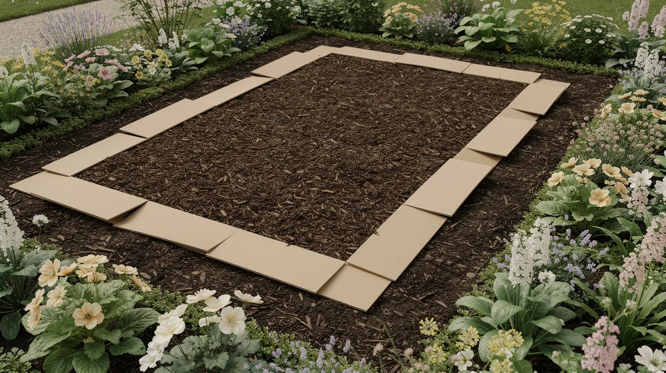 Das Bild zeigt ein Gartenbeet, das mit dunklem Mulch und Pappe abgedeckt ist, um die Ausbreitung von Unkraut wie Ackerwinde zu verhindern. Umgeben von gepflegten Stauden, vermittelt die Szene einen ordentlichen Eindruck und zeigt eine Methode zur Bekämpfung unerwünschter Pflanzen.