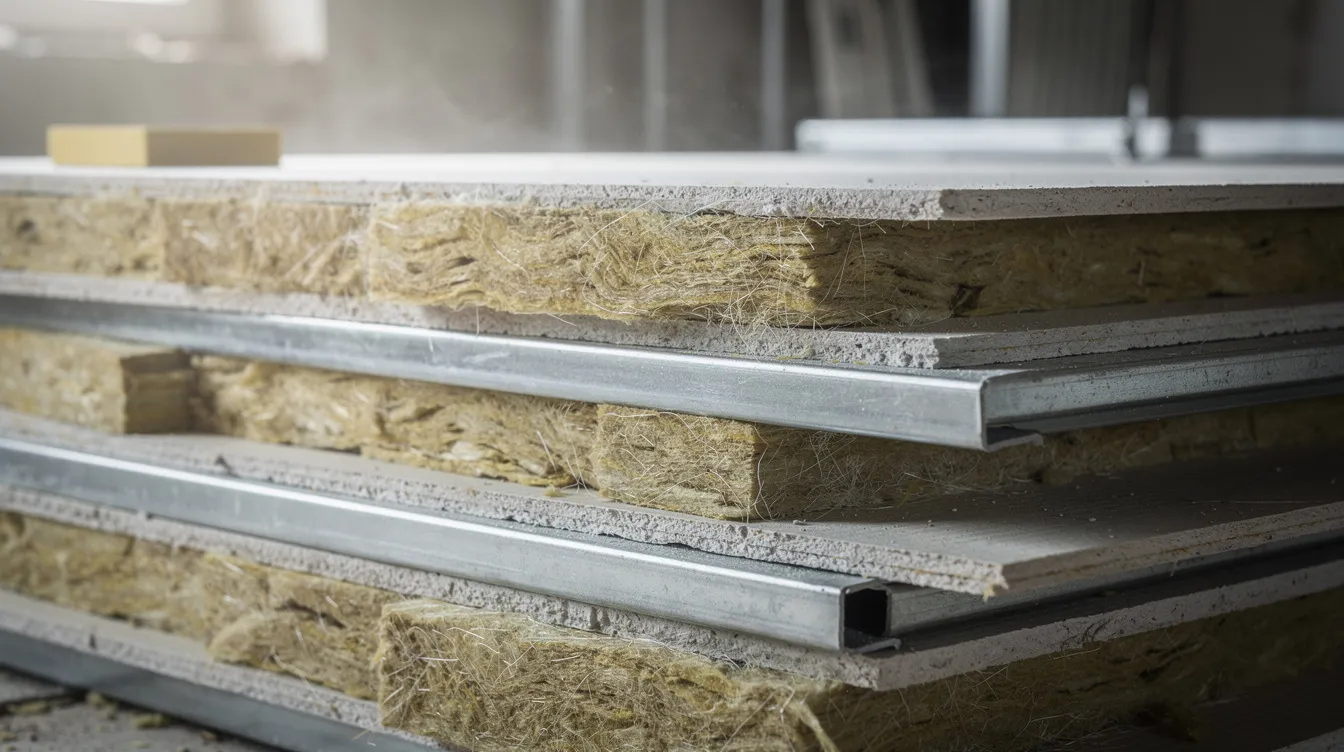 Die Nahaufnahme zeigt Metallprofile, Mineralwolle-Dämmstoff und Gipskartonplatten auf einer Baustelle, die für die Schalldämmung einer Wand verwendet werden. Diese Materialien sind entscheidend für den Schallschutz in Wohnräumen, um Lärmbelästigungen von Nachbarn und Straßenlärm zu reduzieren.