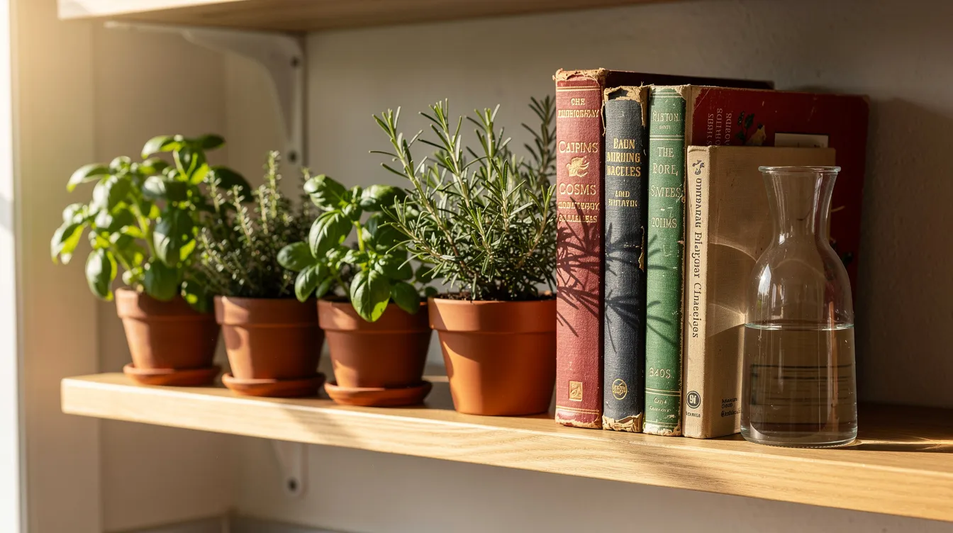 Das Bild zeigt ein stilvolles Küchenregal aus Holz, das an der Wand montiert ist. Es ist dekoriert mit frischen Kräutern in Tontöpfen, einer Auswahl an Kochbüchern und einer kleinen eleganten Karaffe, die dem Raum eine gemütliche Atmosphäre verleiht.