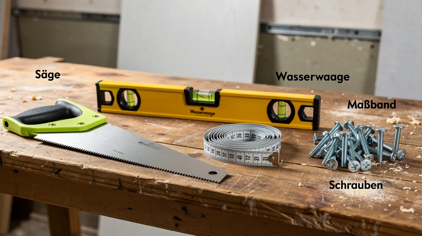 Auf einer Werkbank liegen verschiedene Werkzeuge für die Montage von Wandpaneelen, darunter eine Säge, eine Wasserwaage, ein Maßband und Schrauben. Diese Werkzeuge sind essenziell für die Installation von Holz wandpaneelen und tragen zur Gestaltung eines gemütlichen Raumes bei.