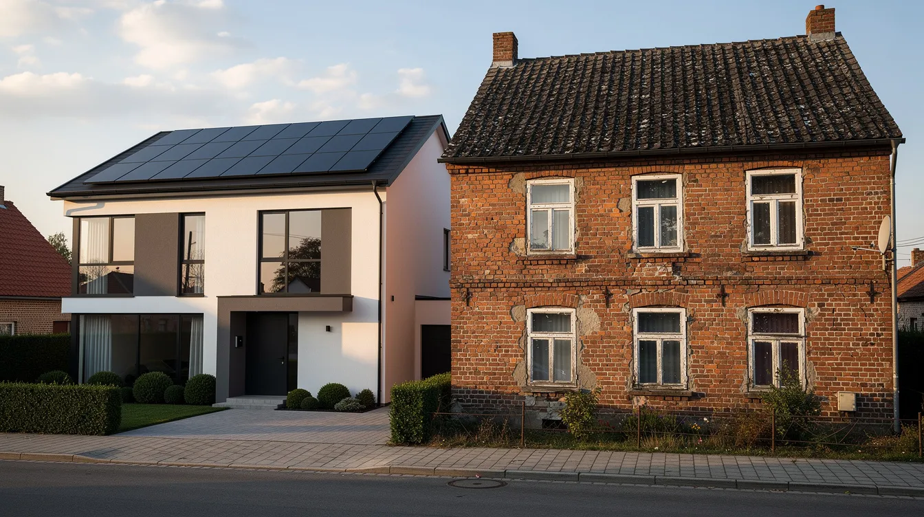 Das Bild zeigt ein modernes Einfamilienhaus mit Solarpanels auf dem Dach, das neben einem älteren, unsanierten Backsteinhaus steht. Diese beiden Gebäude repräsentieren unterschiedliche Energieeffizienzklassen und Baustile, wobei das neue Haus auf nachhaltige Energie setzt.