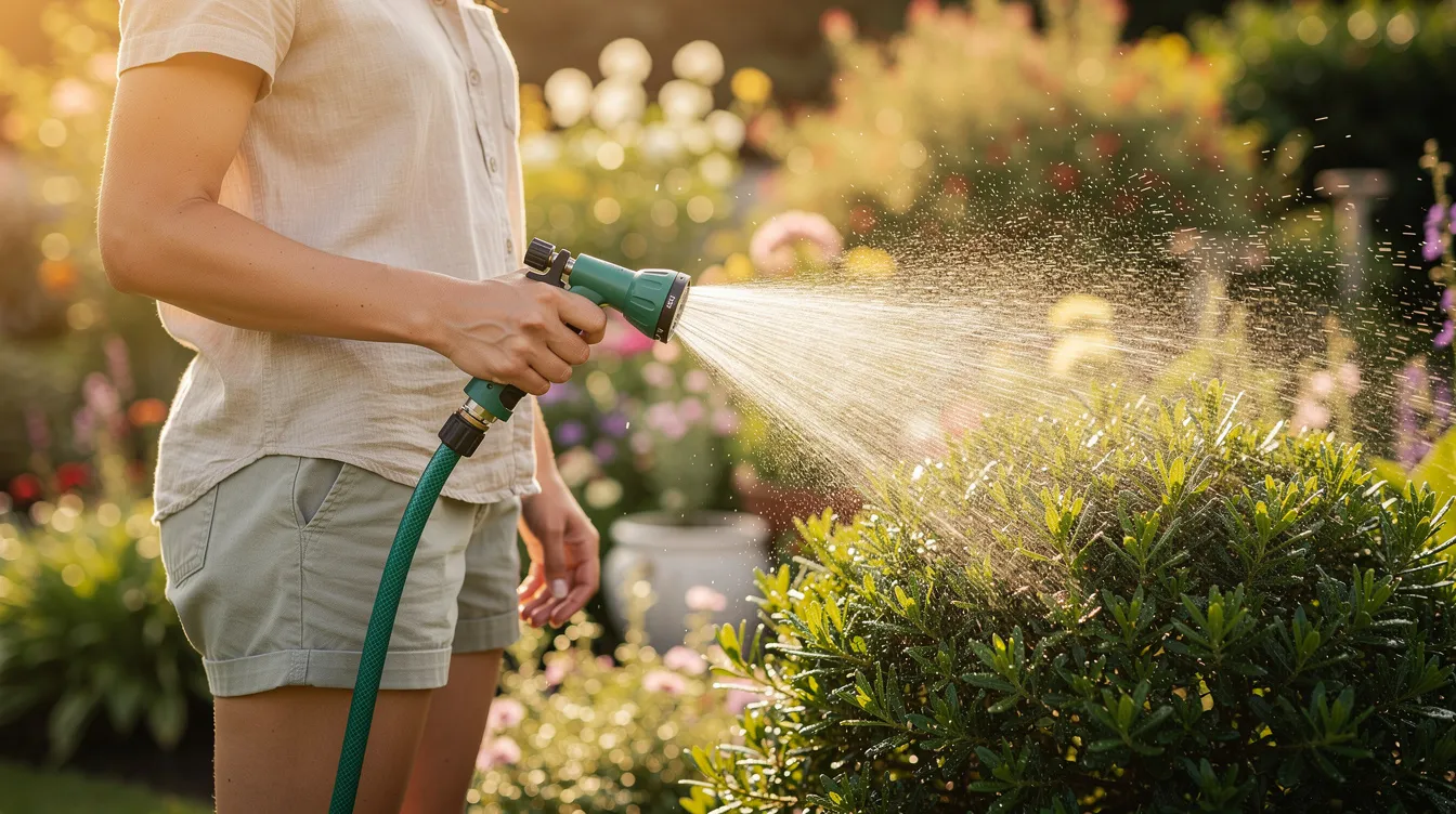 Eine Person sprüht mit einem Gartenschlauch Wasser auf einen Strauch in einem sonnigen Garten, um die Pflanzen zu bewässern und möglicherweise Schädlinge wie die Gespinstmotte zu bekämpfen. Die Szene zeigt einen lebhaften Garten mit grünen Blättern und blühenden Sträuchern.