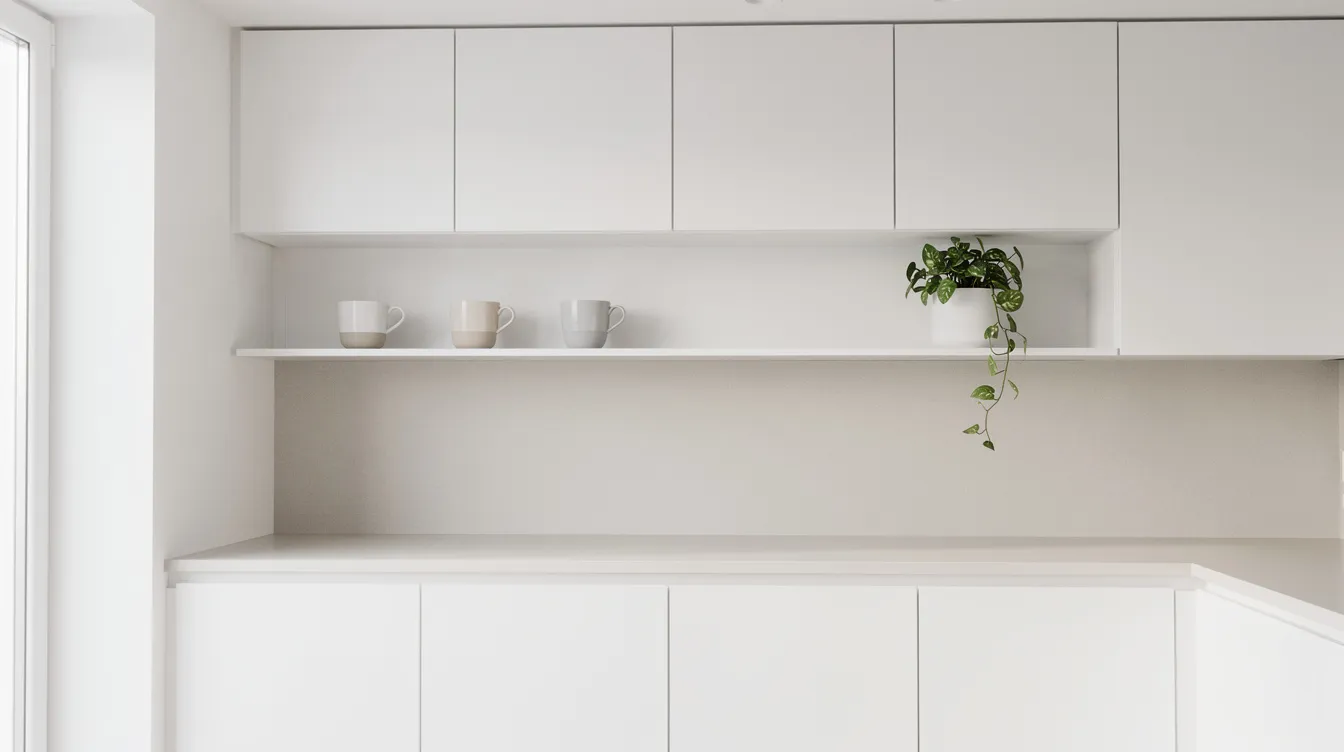 In einer minimalistischen weißen Küche sind schwebende Wandregale angebracht, auf denen einige ausgewählte Keramiktassen und eine kleine Grünpflanze stehen. Diese elegante Einrichtung sorgt für Ordnung und bietet einen stilvollen Akzent in dem Raum.