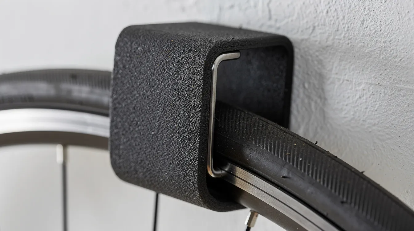 Die Nahaufnahme zeigt einen gummierten Wandhaken, der das Vorderrad eines Fahrrads sicher hält. Diese Fahrrad-Wandhalterung ist ideal für die platzsparende Lagerung in der Garage oder Wohnung und bietet Schutz vor Kratzern.