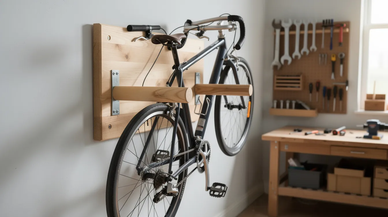 In einer Werkstatt hängt ein Fahrrad an einer selbstgebauten Wandhalterung aus hellem Holz. Die Halterung ist stabil und sorgt für Ordnung, indem sie das Fahrrad platzsparend an der Wand montiert.