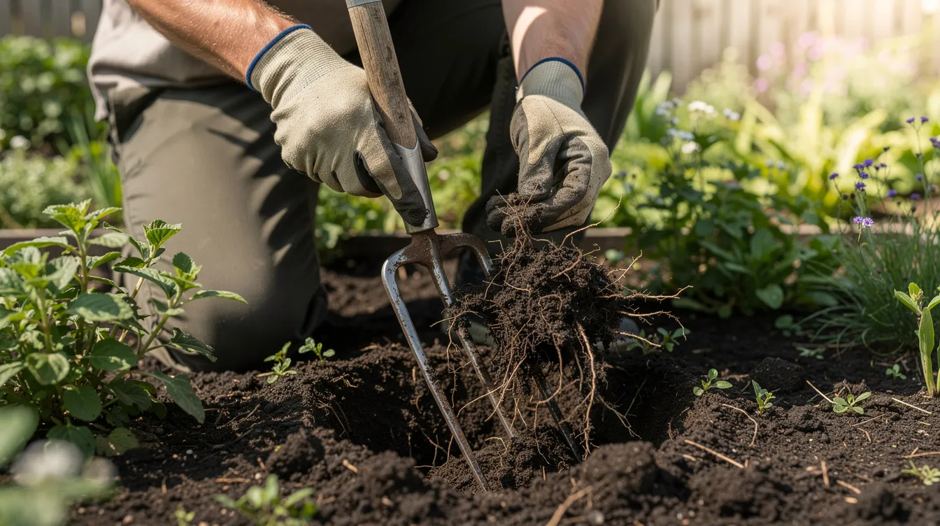 Eine Person kniet in einem Gartenbeet und gräbt vorsichtig mit einer Grabegabel Wurzeln, darunter möglicherweise die der ackerwinde, aus der Erde. Diese Methode dient der Bekämpfung von Unkraut, um das Wurzelsystem der gewünschten Pflanzen zu schützen und ihnen mehr Licht und Nährstoffe zu ermöglichen.