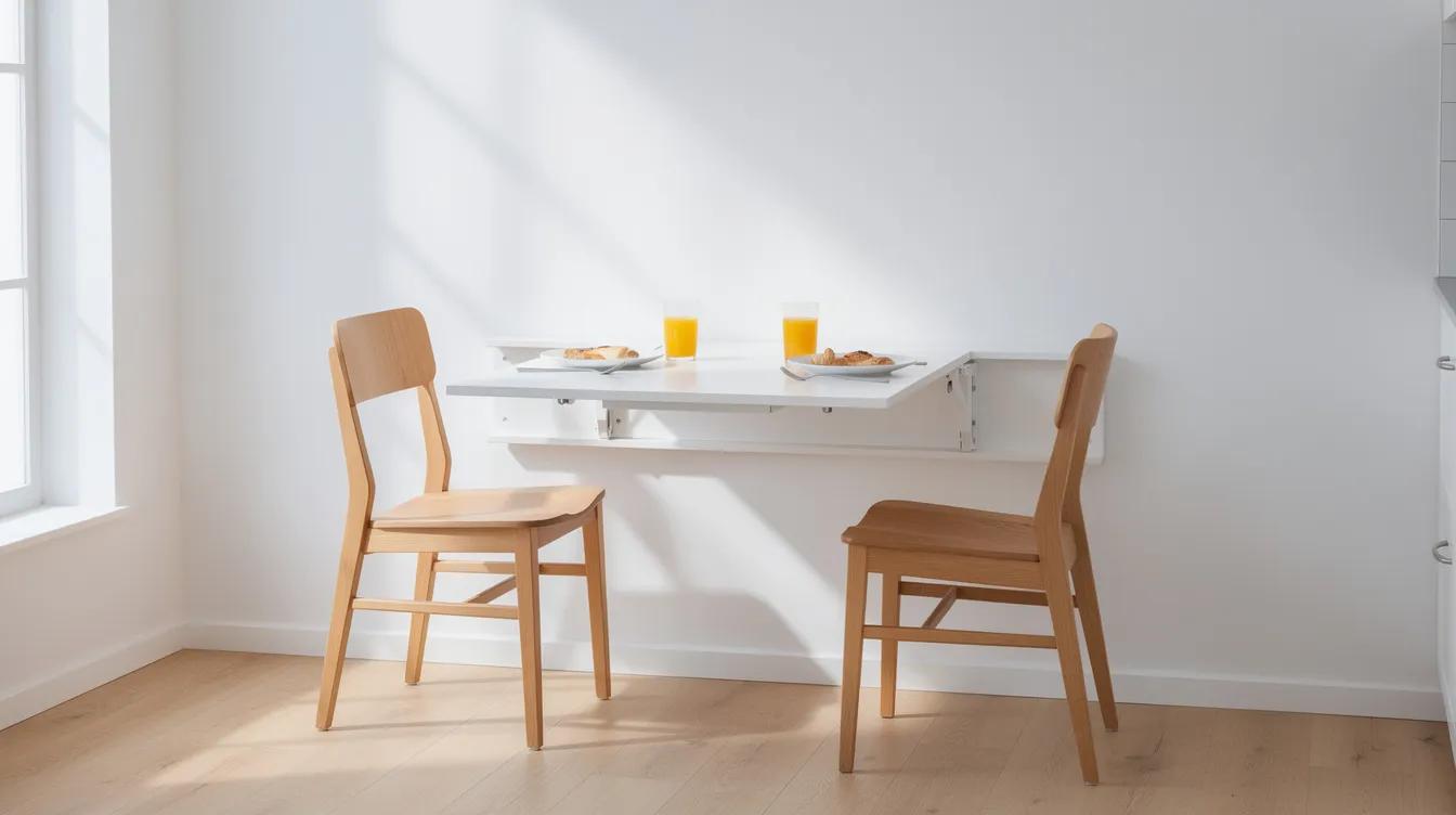 In einer hellen Küche steht ein heruntergeklappter weißer Wandtisch, vor dem zwei Holzstühle platziert sind. Auf dem Tisch befinden sich Teller und ein Glas Orangensaft, was eine einladende Atmosphäre für Gäste schafft.