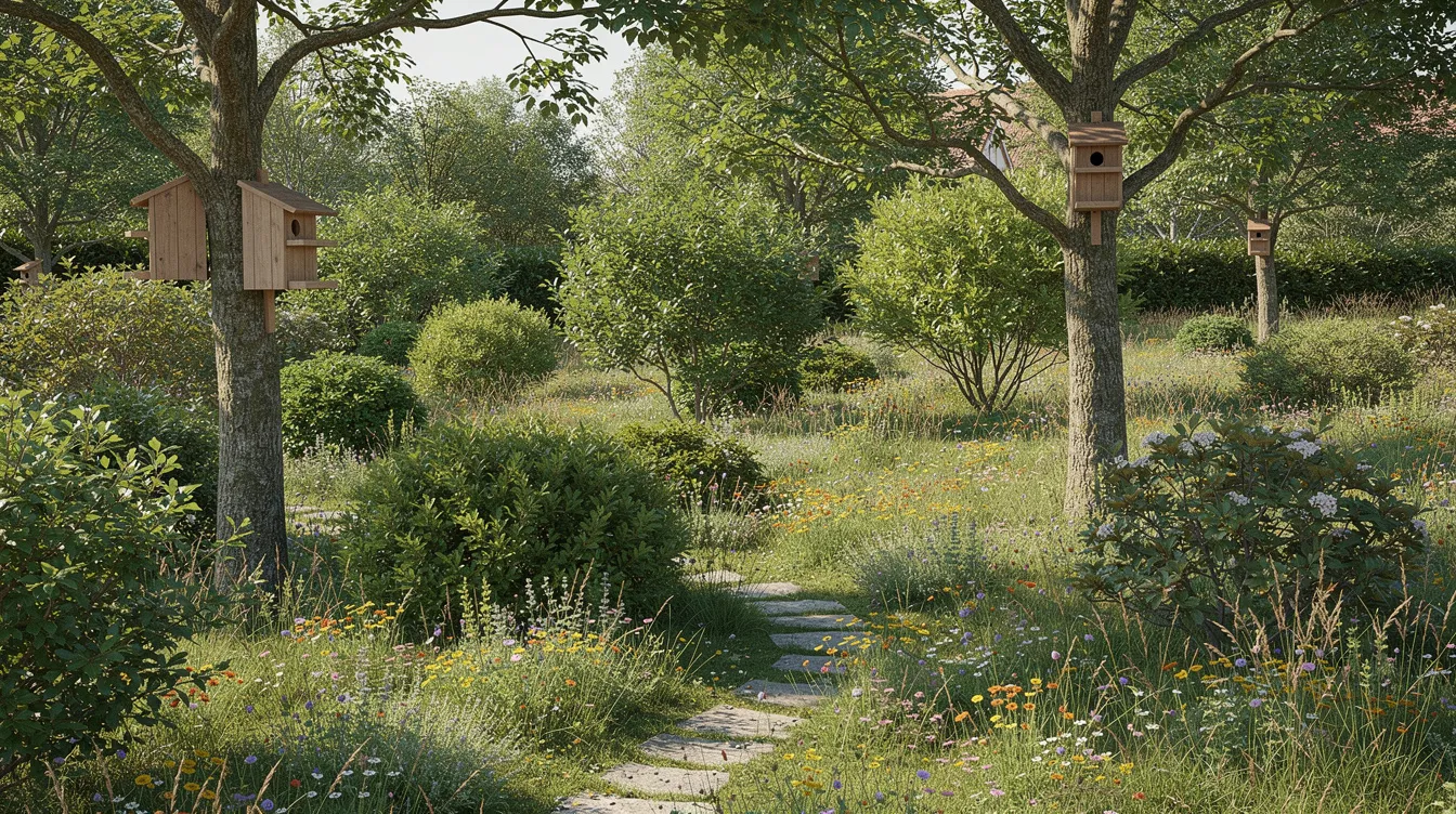 Ein naturnah gestalteter Garten mit verschiedenen Sträuchern, Nistkästen an Bäumen und bunten Wildblumen auf dem Boden. Die Szenerie zeigt gesunde Pflanzen, darunter ein Apfelbaum, und bietet Lebensraum für Insekten und Vögel, während sie gleichzeitig als Schutz gegen Schädlinge wie die Gespinstmotte dient.