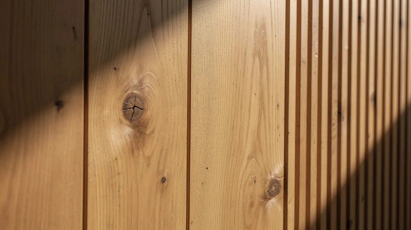 Eine Nahaufnahme von Holzlamellen-Wandpaneelen aus natürlicher Eiche zeigt ein faszinierendes Spiel von Licht und Schatten, das die Oberflächenstruktur und Maserung der Holzpaneele betont. Diese Wandverkleidung verleiht dem Raum eine behagliche Atmosphäre und ist ein echter Blickfang in jedem Zuhause.
