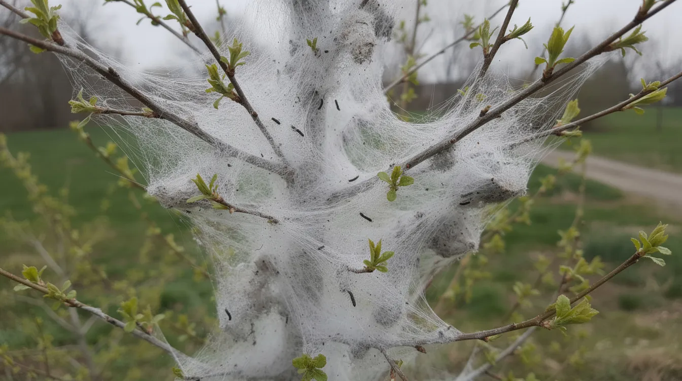 Ein Strauch ist vollständig von einem dichten, weißen Gespinst der Gespinstmotte umhüllt, das im Frühling sichtbar wird. Die weißen Fäden verdecken die Triebe und Blätter, was auf einen Befall durch die Schädlinge hinweist.