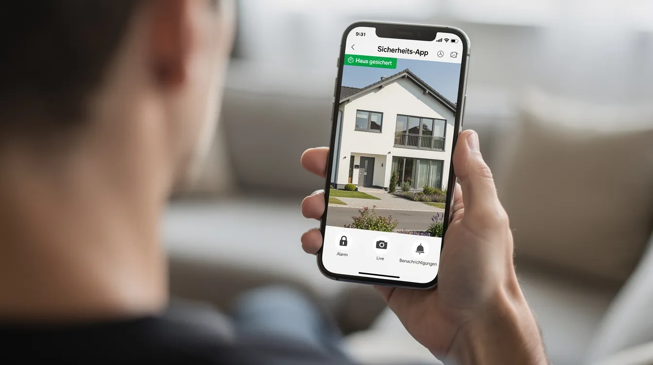 Eine Person hält ein Smartphone in der Hand, auf dem eine Sicherheits-App geöffnet ist, die eine Ansicht ihres Hauses zeigt. Diese App ermöglicht es Hausbesitzern, die Funktionen ihrer Alarmanlage zu überwachen und Einbruchsversuche zu verhindern.