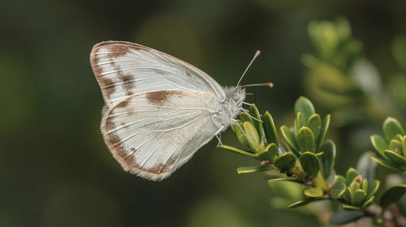 Eine Nahaufnahme eines weißen Falters mit braunem Flügelrand, der auf einem grünen Buchsbaumzweig sitzt. Dieser kleine Schmetterling, oft als Buchsbaumzünsler bezeichnet, ist bekannt für seine Larven, die Schäden an Buchsbäumen verursachen können.