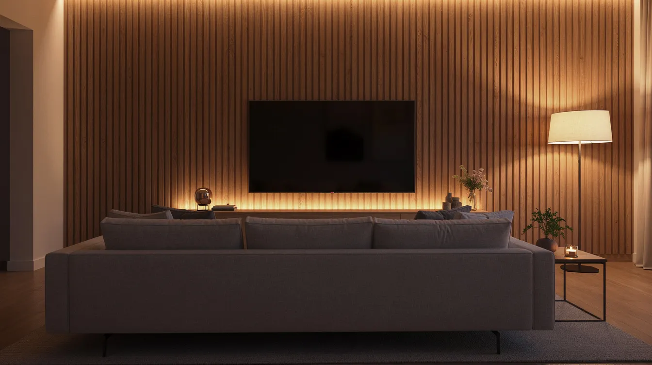 Das Bild zeigt ein modernes Wohnzimmer mit vertikalen Holzpaneelen an der Wand hinter einem Fernseher. Ein graues Sofa ergänzt die warme Atmosphäre des Raumes, die durch das sanfte Licht verstärkt wird.