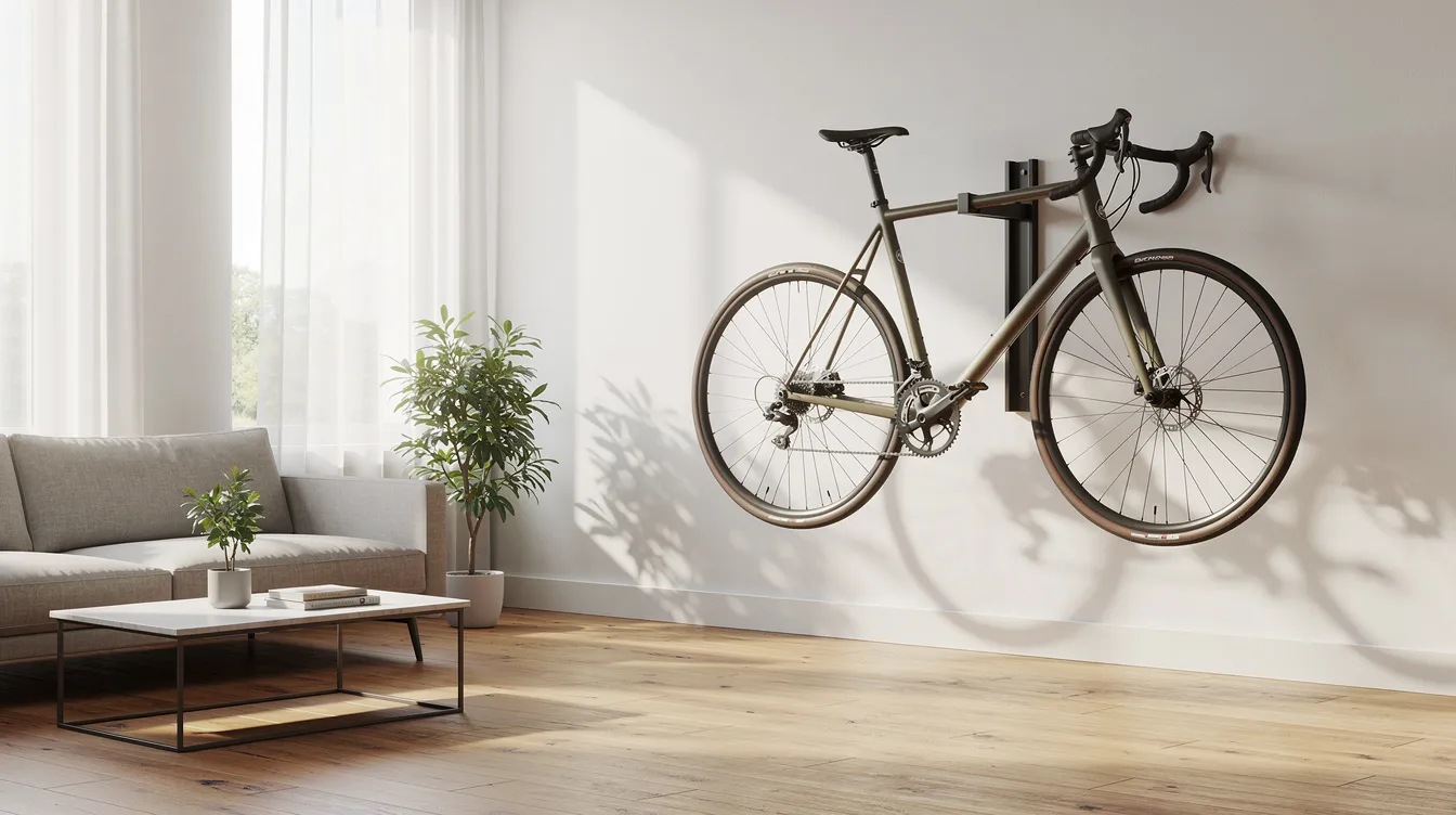 Ein modernes Fahrrad hängt an einer minimalistischen Wandhalterung in einem hellen Wohnzimmer mit Holzboden, das eine ordentliche und stilvolle Atmosphäre vermittelt. Die Fahrradwandhalterung sorgt für eine platzsparende Lagerung und ist ideal für E-Bikes und Rennräder.