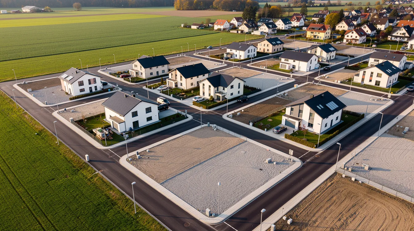 Die Luftaufnahme zeigt eine Neubausiedlung mit erschlossenen Grundstücken und vereinzelten Häusern, die auf eine geplante Entwicklung hinweisen. Diese Ansichten sind wichtig für zukünftige Bauherren, die Informationen zu Hausbaukosten und Grundstückspreisen benötigen.