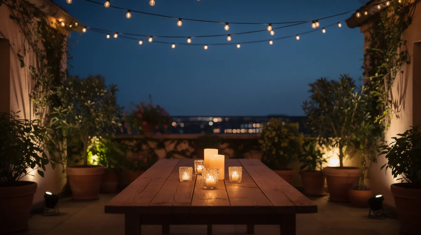 Eine abendliche Terrassenszene mit sanften Lichtern aus Lichterketten über dem Tisch, auf dem Kerzen stehen, und Pflanzen, die durch kleine Spotlights beleuchtet werden. Diese Außenbeleuchtung schafft eine gemütliche Atmosphäre im Außenbereich des Hauses.