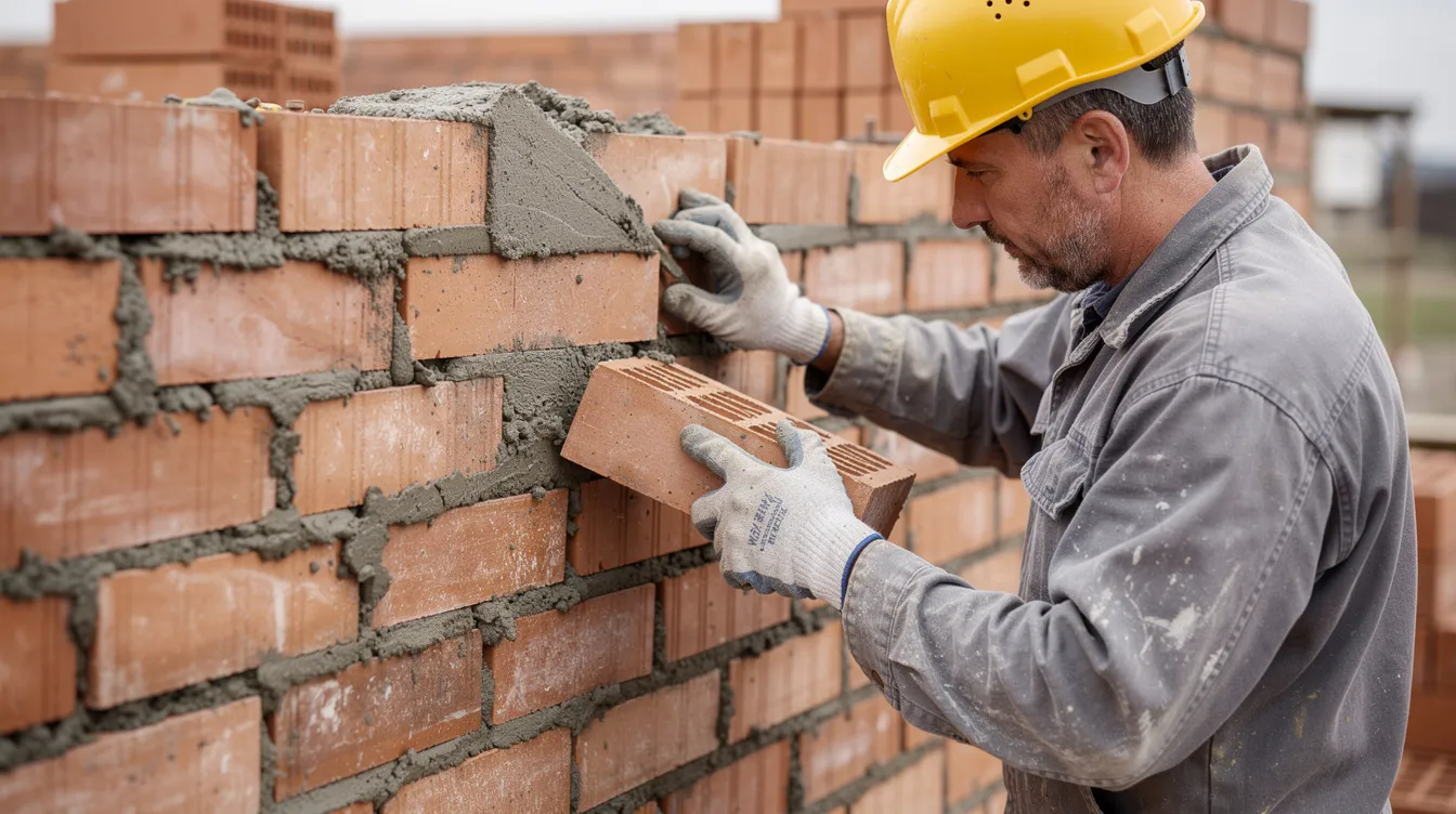 Ein Handwerker führt Maurerarbeiten an einer Hauswand aus, indem er Ziegelsteine sorgfältig verlegt. Diese Arbeiten sind ein wichtiger Schritt beim Hausbau, wobei die Kosten für Materialien und Arbeitsaufwand variieren können.