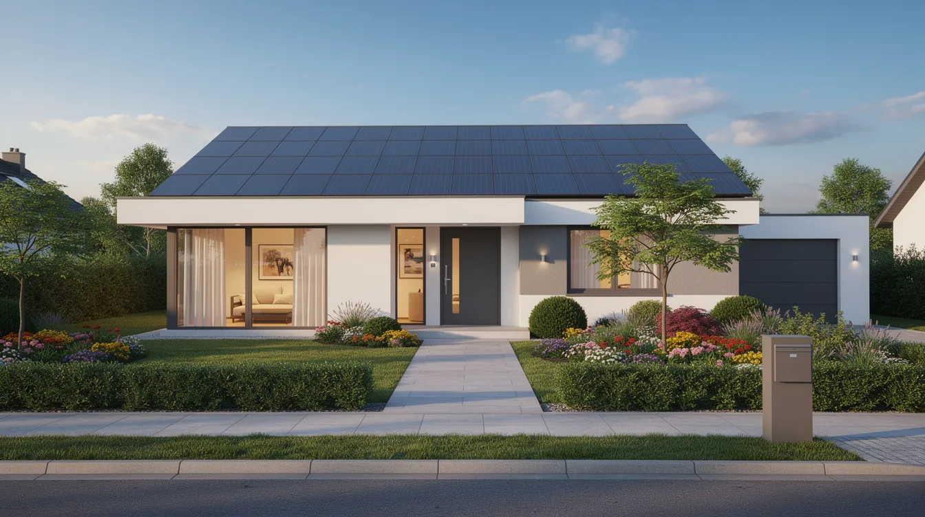 Das Bild zeigt ein modernes Einfamilienhaus mit Solarpaneelen auf dem Dach, umgeben von einem gepflegten Vorgarten. Dieses Traumhaus bietet eine ansprechende Wohnfläche und ist ein Beispiel für nachhaltiges Bauen, das auch die Hausbaukosten berücksichtigt.