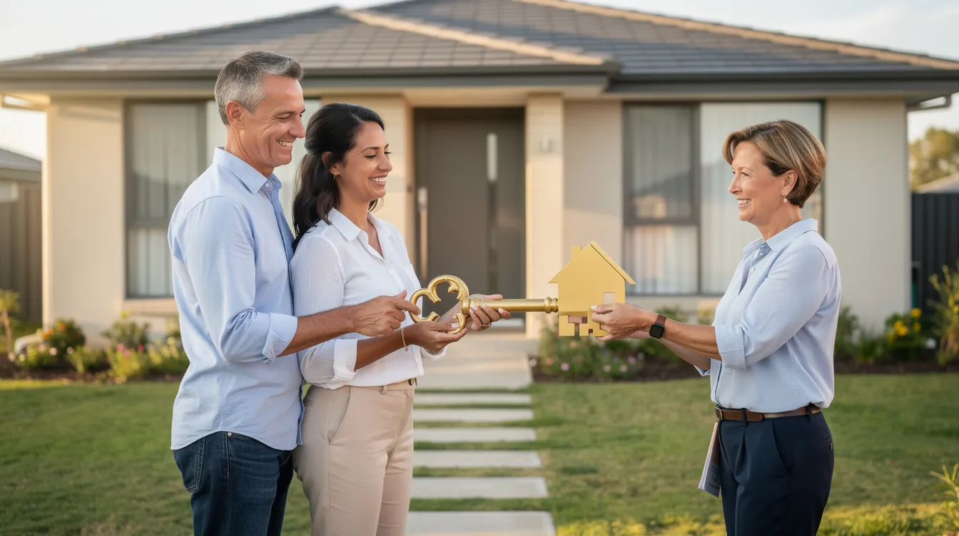 Ein glückliches Paar steht vor einem Einfamilienhaus und erhält symbolisch einen Hausschlüssel, was den Beginn ihres Traums vom Eigenheim und dem Immobilienerwerb durch Mietkauf darstellt. Der Moment symbolisiert die Entscheidung, Mieter und zukünftige Eigentümer der Immobilie zu werden.