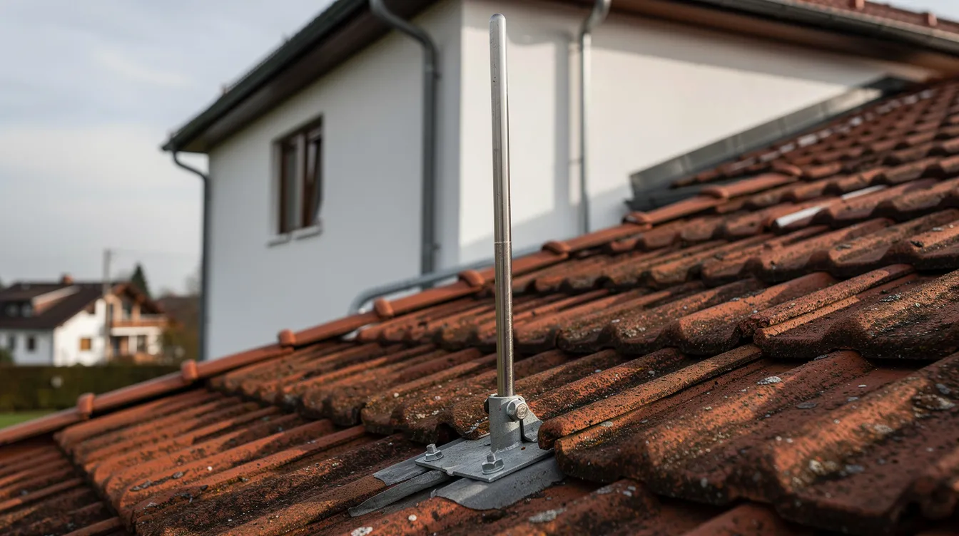 Die Nahaufnahme zeigt eine Blitzschutz-Fangstange auf einem Ziegeldach, die mit Ableitungen an der Hauswand verbunden ist, um das Gebäude vor Blitzschlägen zu schützen. Die Installation der Blitzschutzanlage ist ein wichtiger Bestandteil der Sicherheit und minimiert das Risiko von Überspannungsschäden während Gewittern.